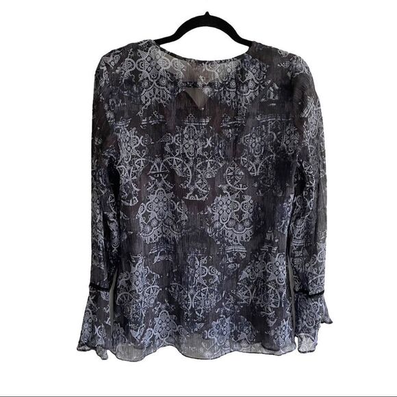 Sundance Blue Silk Printed Long Sleeve Semi-Sheer Popover Blouse Black Lace 8 - Picture 6 of 8